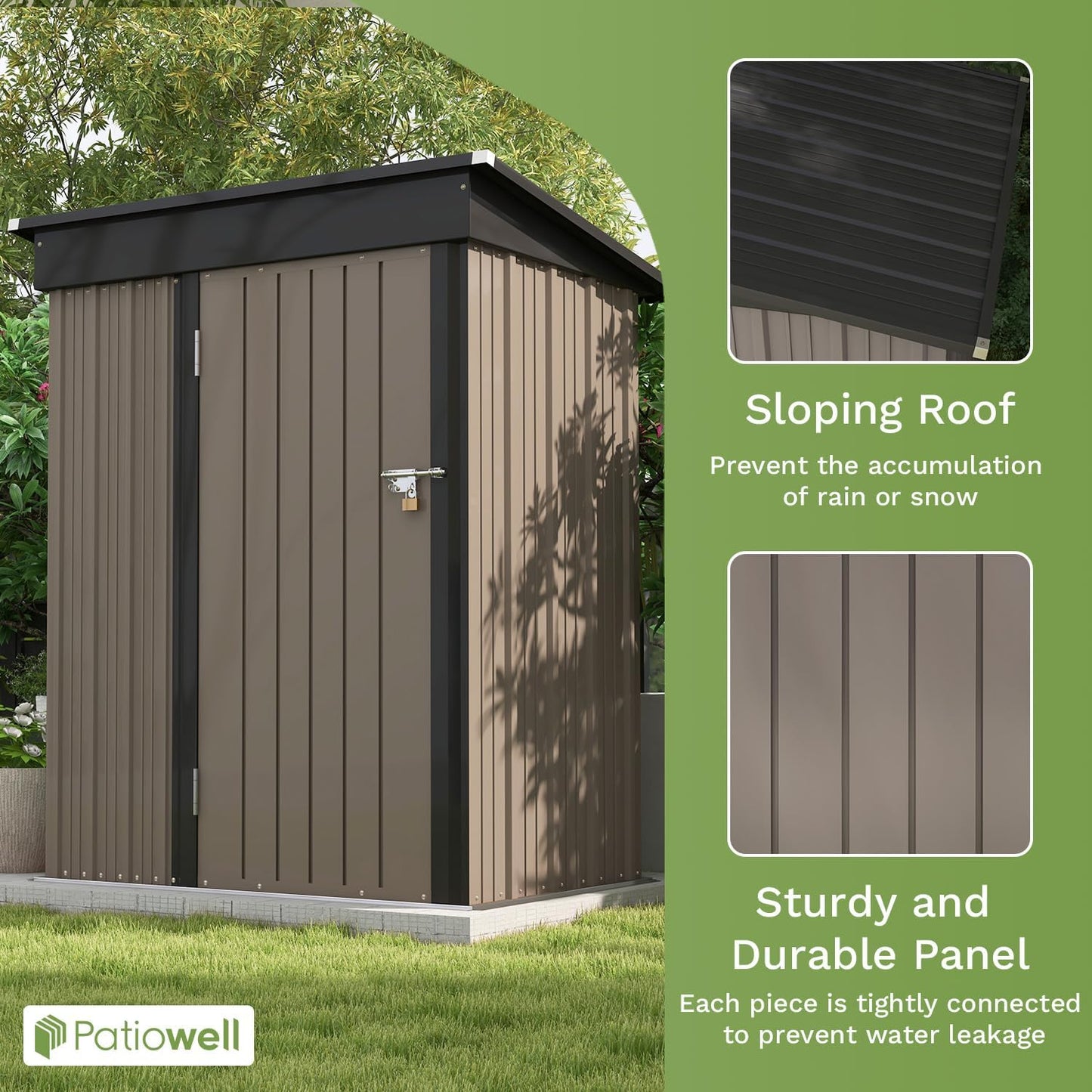 Patiowell 5x3 FT Outdoor Storage Shed, Tool Shed with Sloping Roof and Lockable Door, Metal Shed for Backyard Garden Patio Lawn, Brown