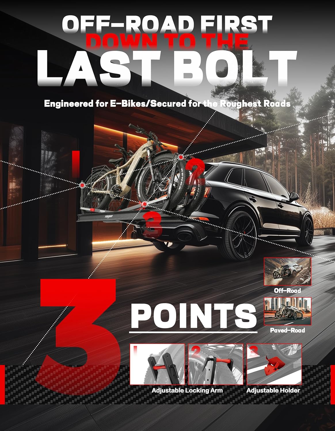 Young Heavy Duty Electric Bike Rack for Car SUV Truck RV, 2 Bike Hitch Mount Platform with Ramp, Fits Fat Tire up to 5", Foldable Ebike Carrier for Tow Hitch 2" Receiver, Scratch-Free, Quick Install