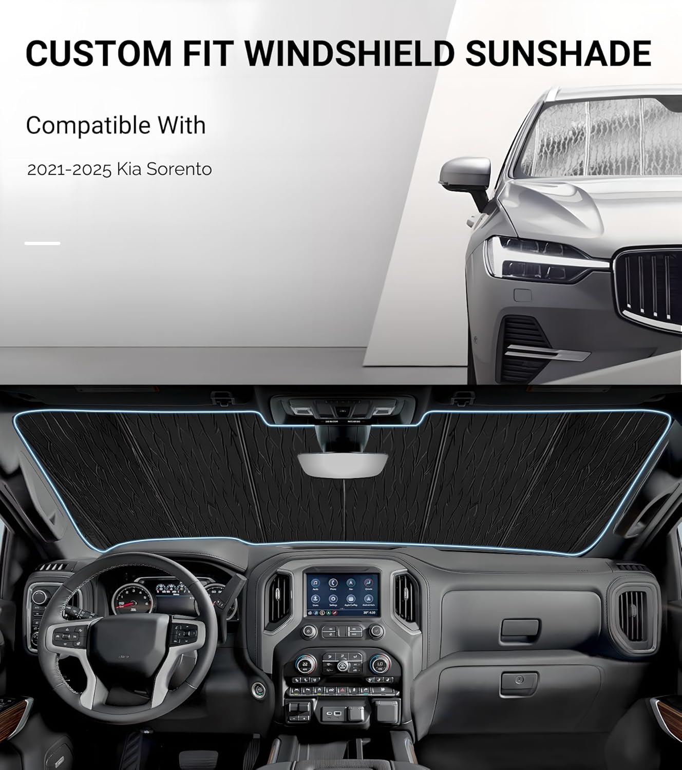 Windshield Sun Shade for Kia Sorento 2021-2025,Front Window Sunshade Shield, 2-in-1 Reflective Sun Shade,Silver for Summer, Black for Winter