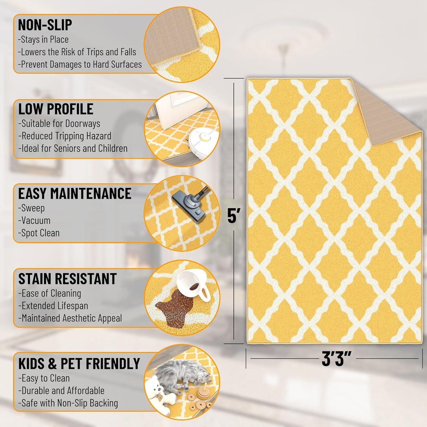 Ottomanson 3'3" x 5' Rugs for Living Room Trellis Area Rug for Bedroom - Non Slip Durable Large Floor Carpet for High Traffic Areas - Indoor Rug for Dining Room Kitchen Kids Playroom, Yellow