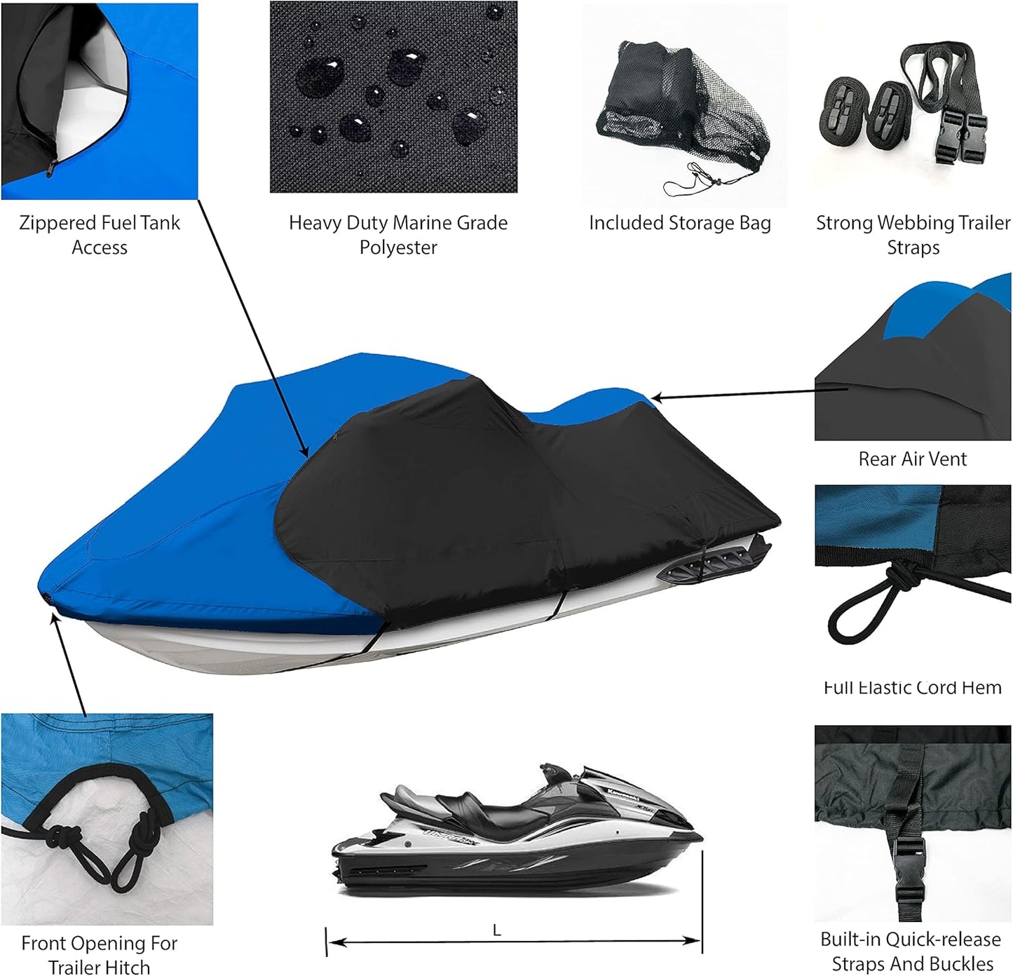 Trailerable Jet Ski Cover, Waterproof Marine Grade 600D Heavy Duty Polyester PWC Cover Blue/Black Color Fits from 116"-125" 2 Seater