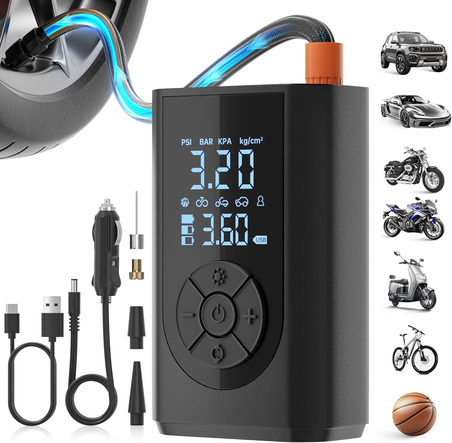 Tire Inflator Portable Air Compressor, 150 PSI Air Pump for Car Tires with Digital Pressure Gauge, LED Light and Auto Shut-Off Function, Portable Air Inflator for Car/Motorcycle/Bike/Balls and More