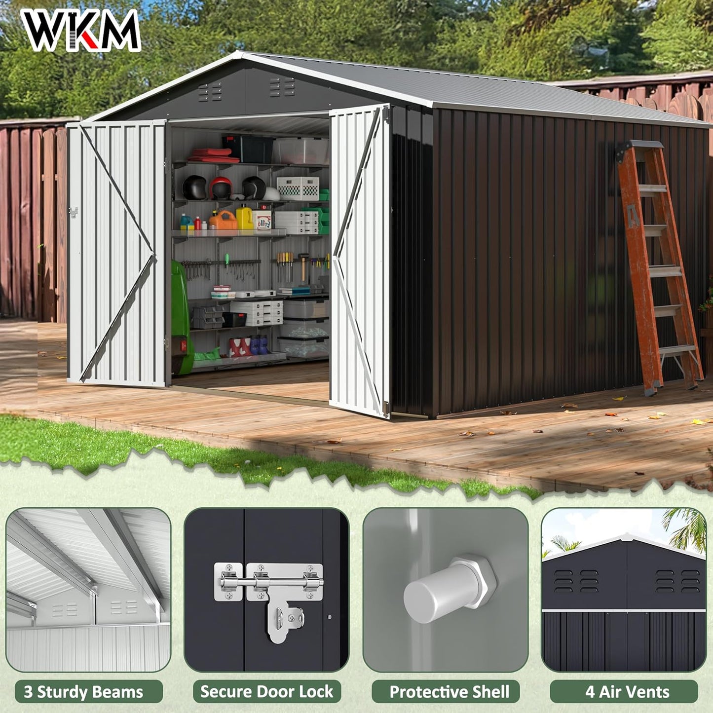 WKM 10x10 FT Outdoor Storage Shed, Utility Metal Tool Storage with Lockable Doors and Updated Frame Structure, Metal Garden Shed for Backyard, Patio Lawn, Black