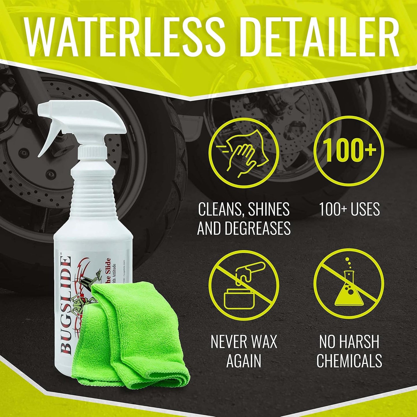 BugSlide 32 Oz Car Detailing Kit with Microfiber Towel – Exterior or Interior Car Cleaner and Waterless Detailer Spray – Clean, Polish, Shine, and Degrease, Never Wax Again – Easy to Use