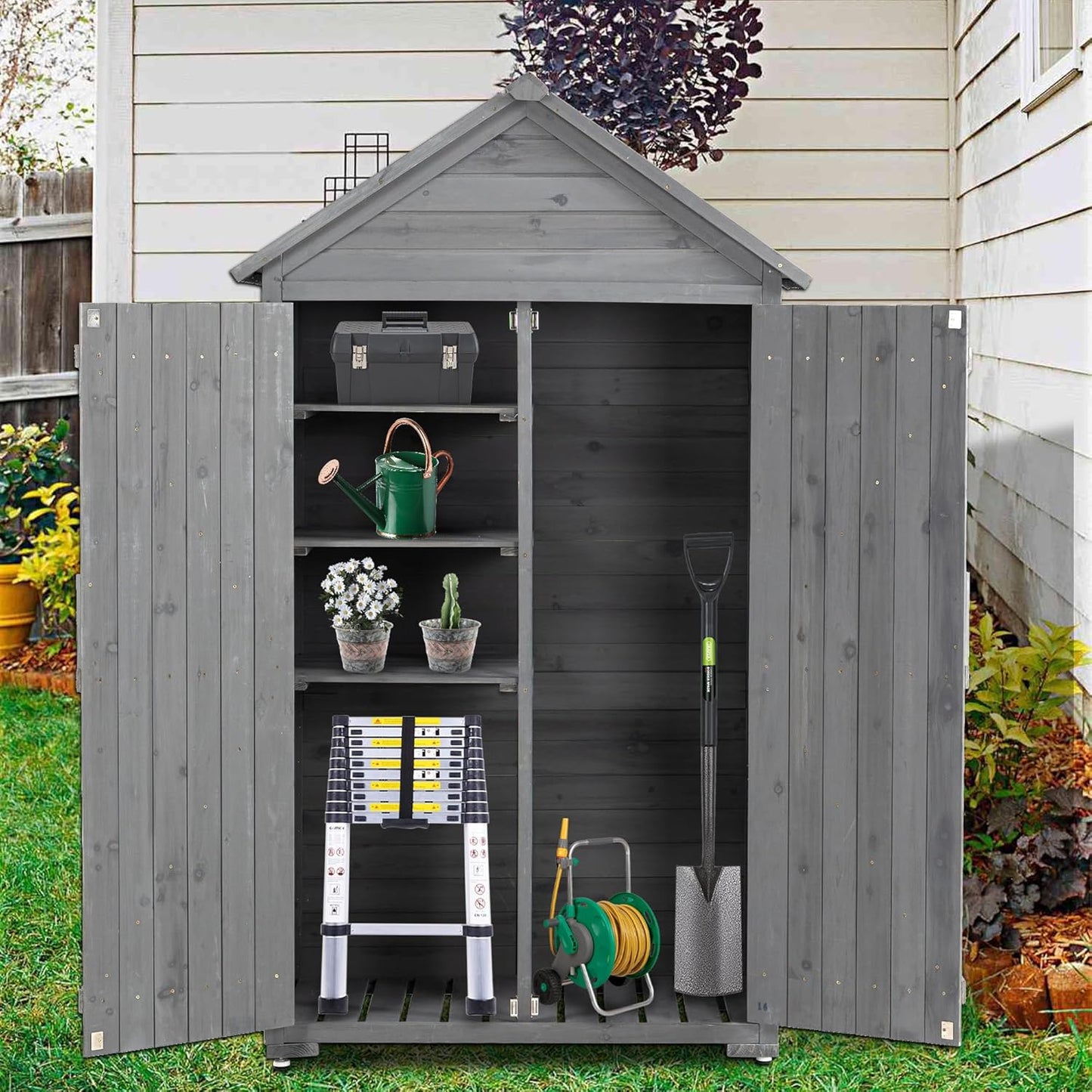 39.56"x 22.04"x 68.89" Outdoor Storage Cabinet with Removable Shelves, Waterproof Roof, and Adjustable Feet - Fir Wood Garden Tool Shed for Yard, Patio, Deck, and Garage,Grey