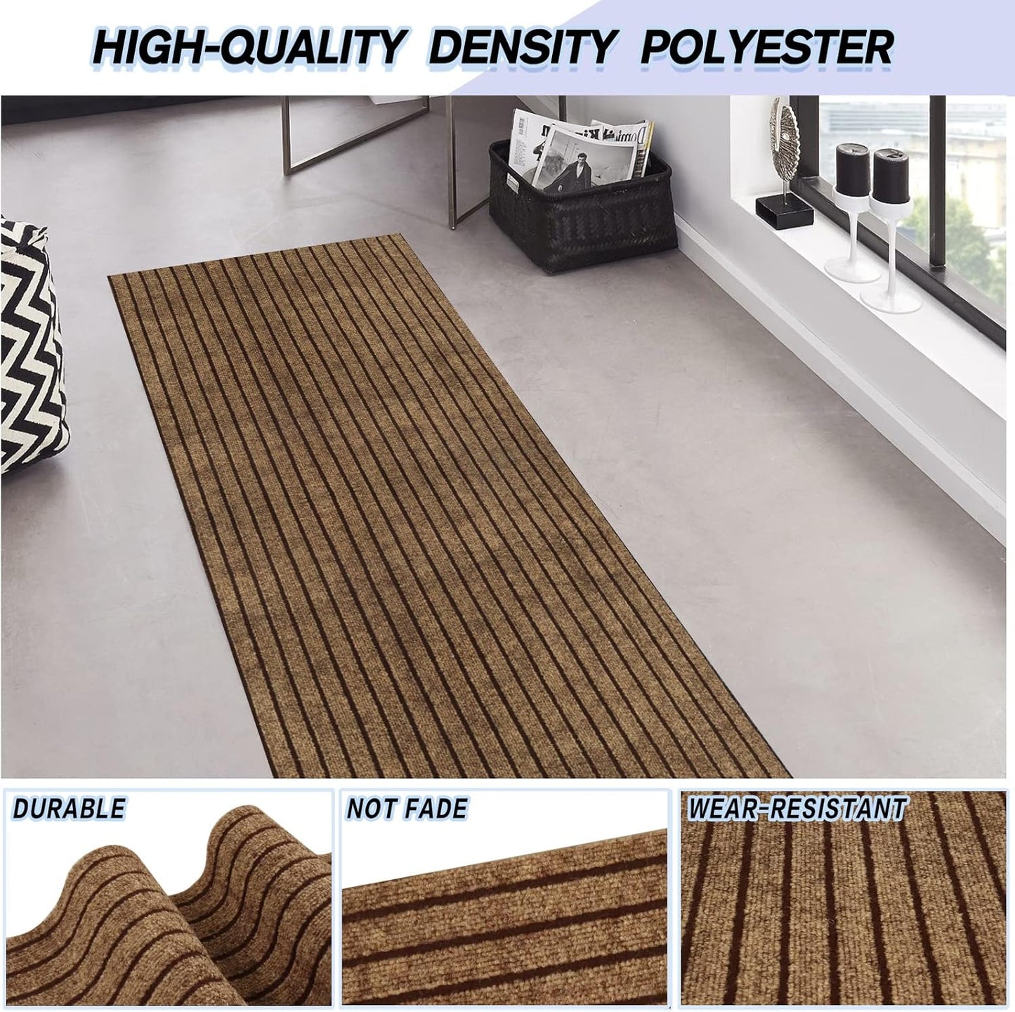 Custom Size Backed Non-Slip Area Rugs Runner, Easy Clean, Waterproof Runner Rugs for Hallway Entryway, Kitchen, Laundry, 4FT x 78FT, Brown Stripe