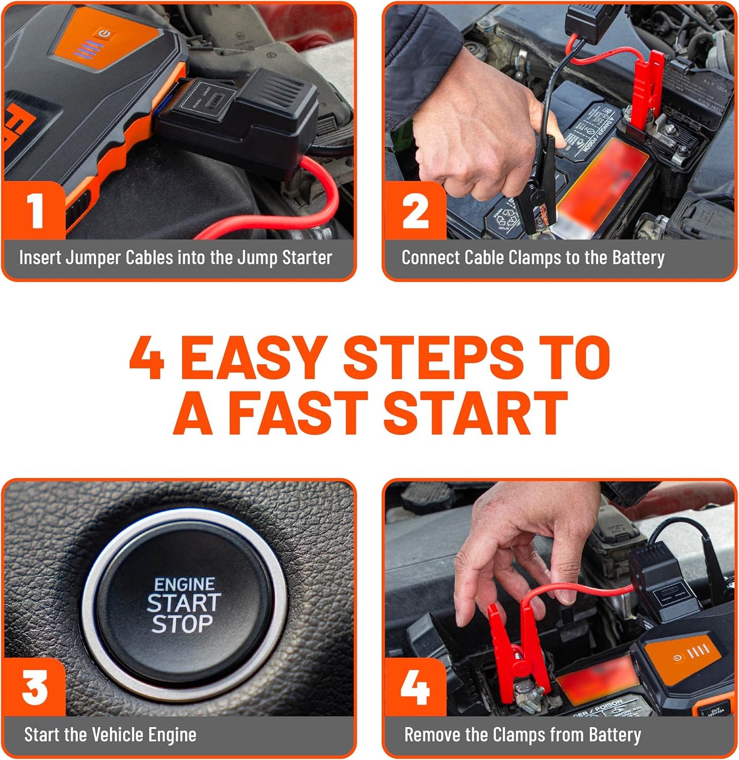 FRAM FEK40008 Car Battery Jump Starter 12000mAh (44.4Wh) Up to 5.0L Gas and 2.0L Diesel Engines, 12V Emergency Car Booster with Jumper Cables, Portable Power Bank and LED Flashlight