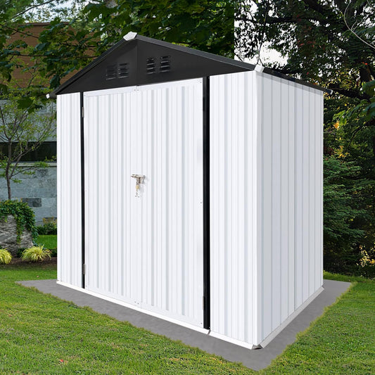 4x6 FT Outdoor Metal Storage Sheds with Apex Roof,Single-Storey Waterproof Roofed Structure Garden Shed w/Lockable Doors,for Lawn Equipment Tool Sundries,White+Black
