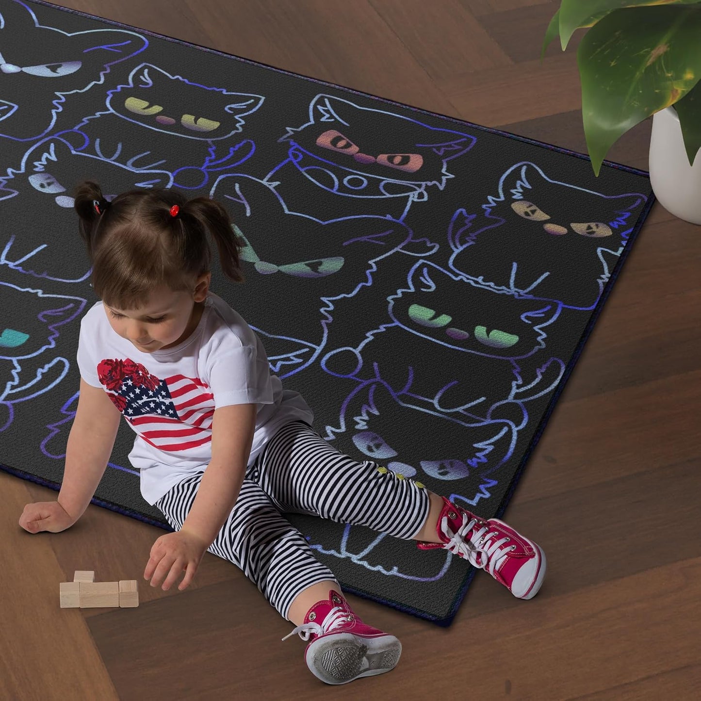 Black Play Cat Rug for Playroom for Boys Girls 2x3 Funny Cute Cat Cartoon Decor for Bedroom Living Room Non-Slip Comfy Floor Casual Mat Carpet Washable