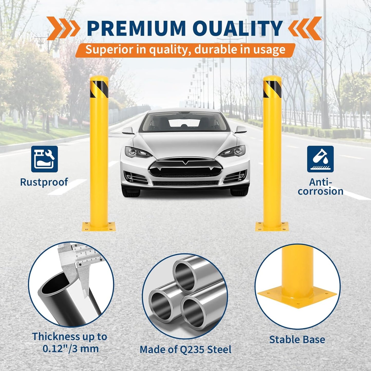 4.5x36 Inch Safety Bollard Post - Yellow Steel Bollard with Anchor Bolts (4-Pack) for Parking Lots, Walkways & Traffic Areas