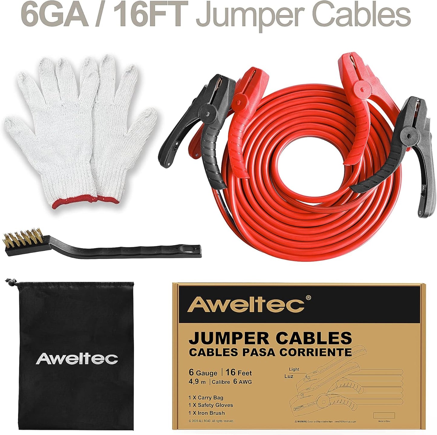 Jumper Cables with LED Light - 6 Gauge 16 Feet Battery Heavy Duty Booster Cables (6AWG x 16Ft) with Carrying Bag, Safety Gloves and Iron Brush
