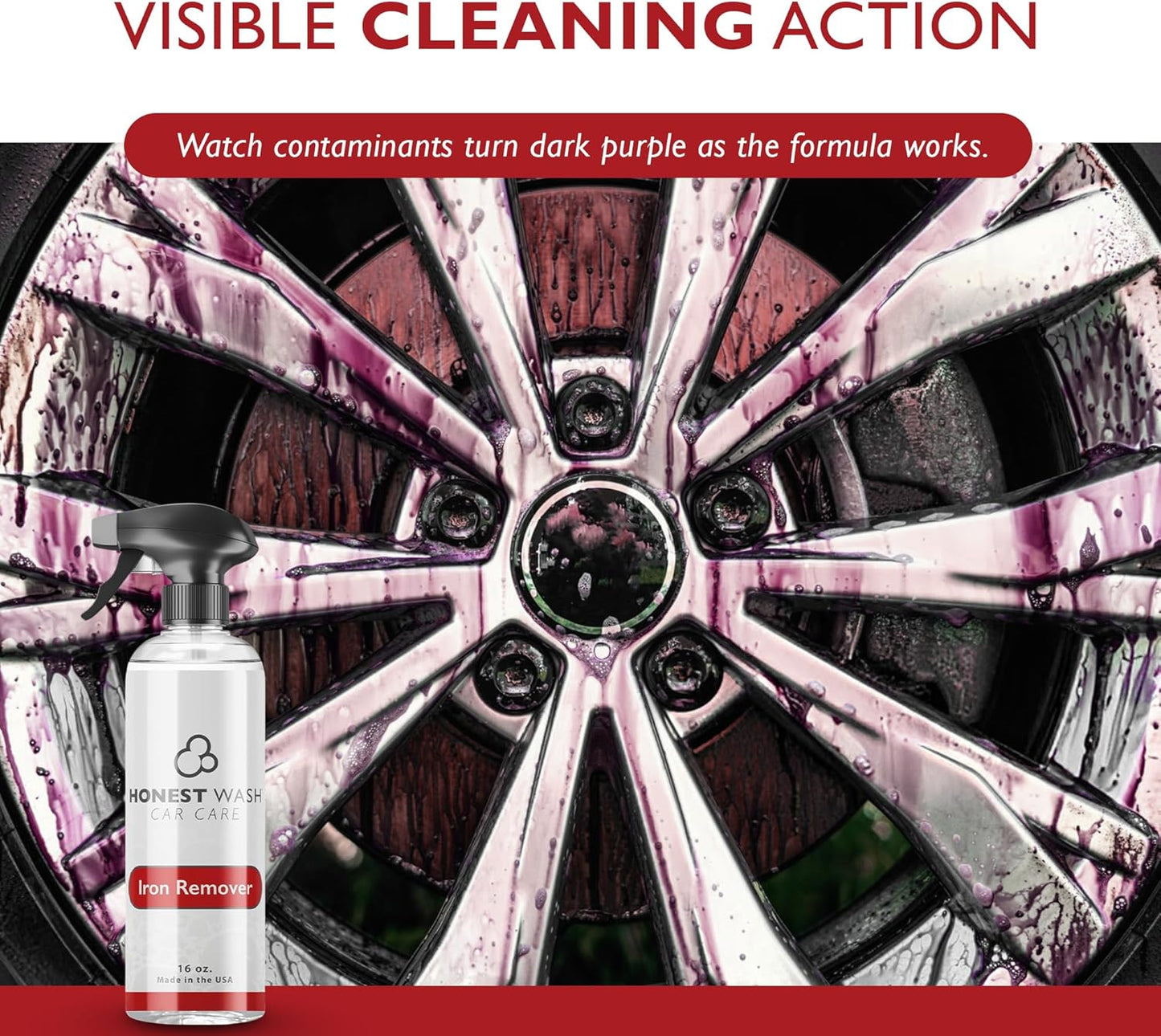 Honest Wash Iron Remover Car Detailing – Powerful Solution for Dissolving Brake Dust, Dirt, and Grime | Visible Reaction for Deep Cleaning | Safe for All Wheel and Surface Types (16 Fl Oz)