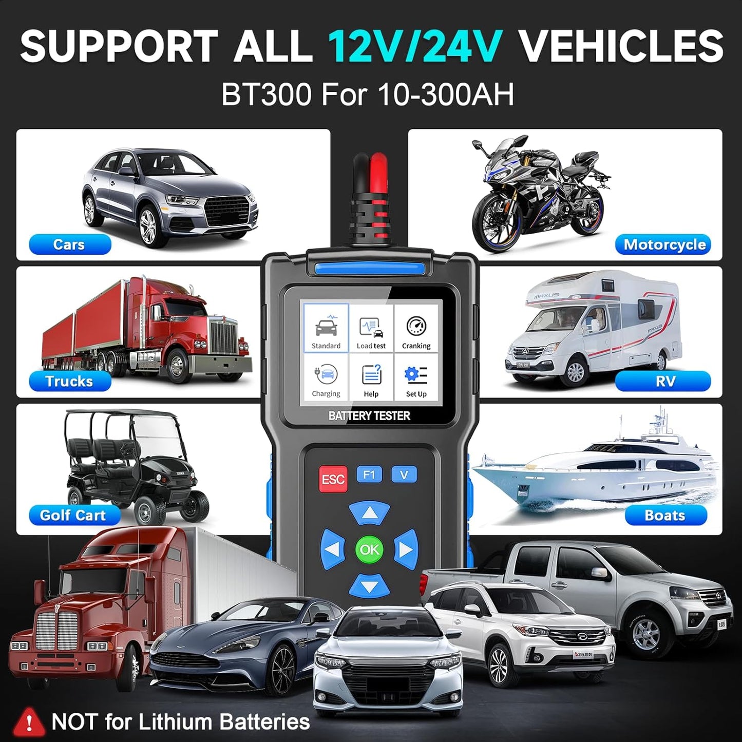 Battery Load Tester 12v Automotive, 20-2000 CCA Car Battery Tester and Alternator Tester for 24V Vehicles, BT300