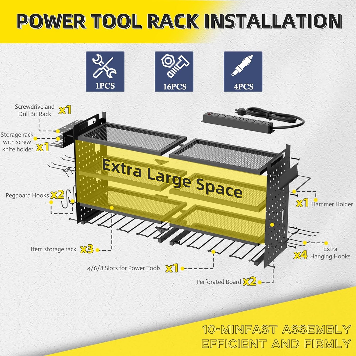 Power Tool Organizer Wall Mount with Charging Station, 4 Layers 6 Drill Holder, Heavy Duty Storage Utility Racks, Supports 600 lbs,Battery Shelf for Garage and Workbench (32 Inch 8 Drills Holder)