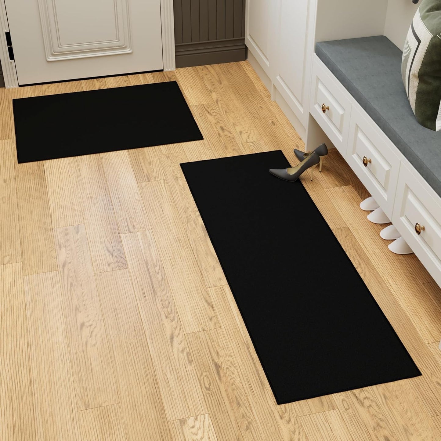 Ottomanson 2-Piece Kitchen Rug Set - Non Slip, Runner & Small Area Rug - Solid - 20" x 59" & 2'3" x 3' - Durable, Stain Resistant for Entryway, Bedroom and Bathroom, Black