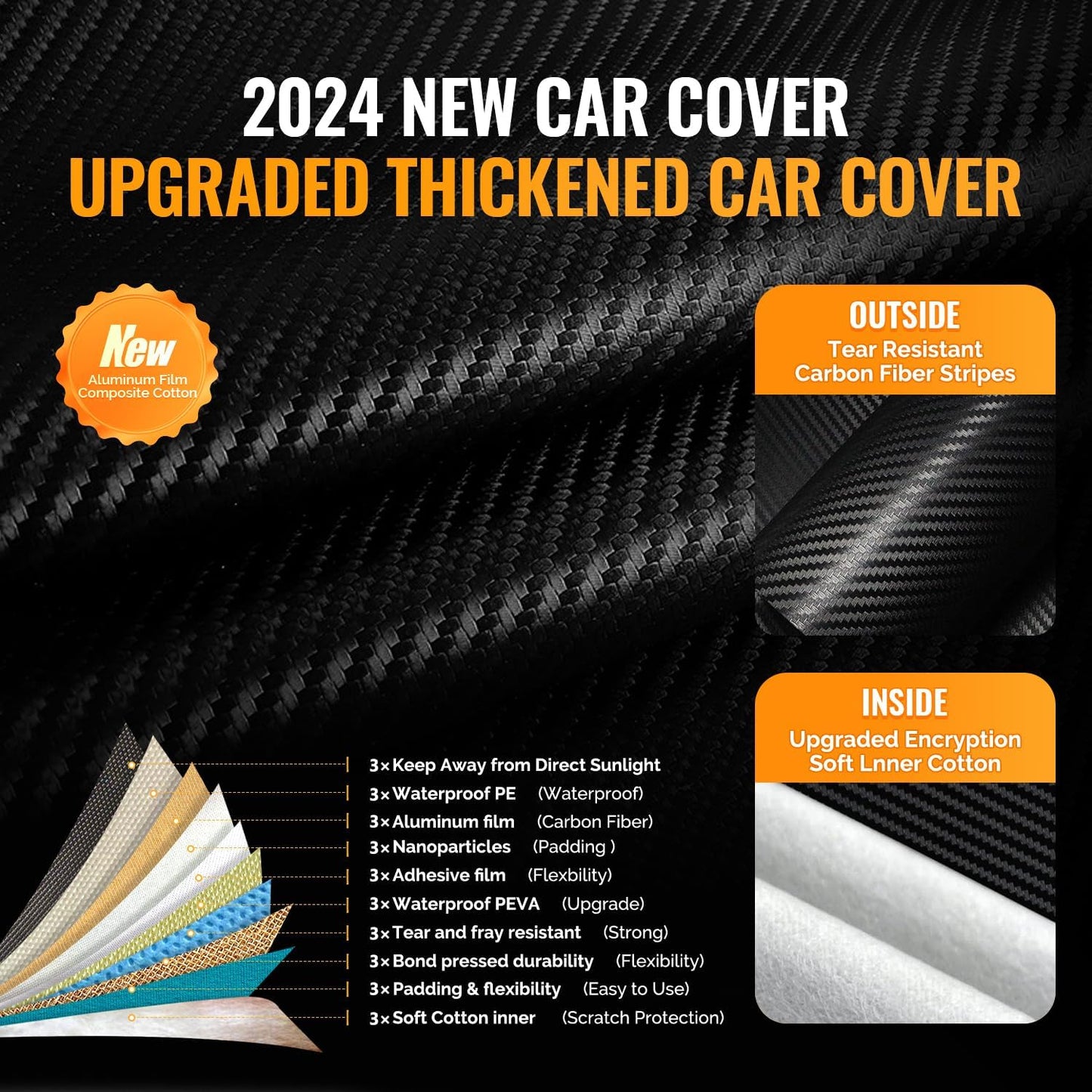 30 Layers Car Cover for Automobiles All Weather Waterproof, Outdoor Snowproof UV Protection Windproof, Door Zipper, Soft Cotton, Heavy Duty Universal Car Covers, (Black, Fit Sedans 181"-190")