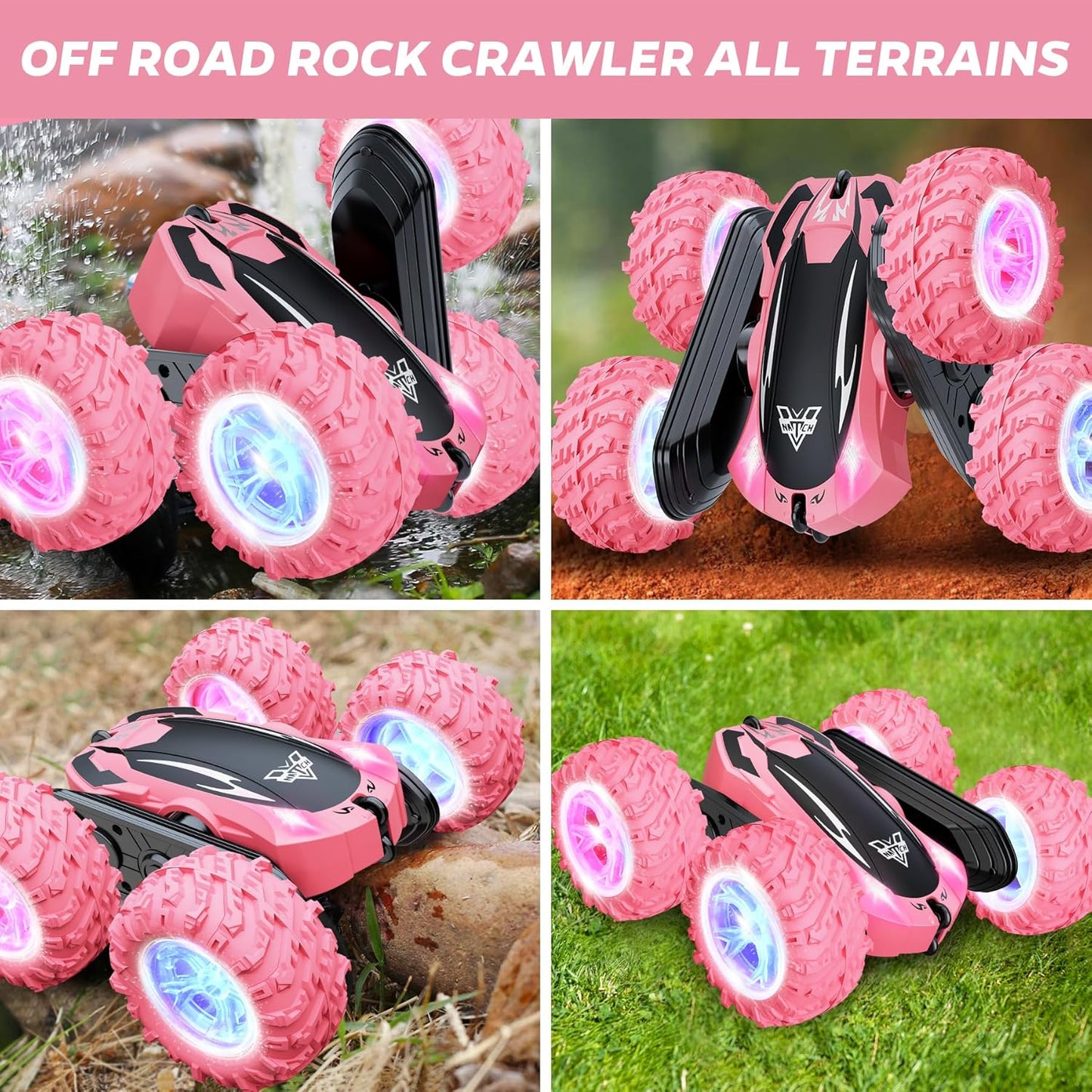 Remote Control Car, 2.4GHz RC Stunt Car, Double Sided 360° Rotating RC Cars with LED Headlight & LED Wheel, High Speed Off Road RC Crawler Xmas Gift for 3 4 5 6 7 8-12 Year Old Girls Toys (Pink)