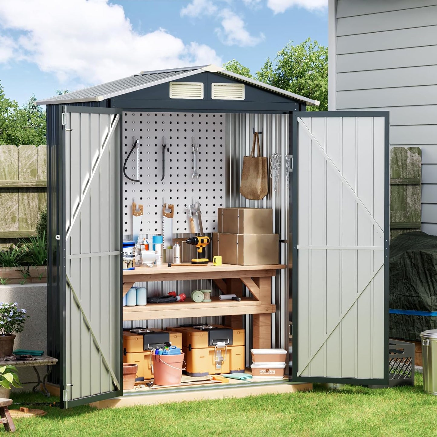 Breezz 5x3FT Vertical Outdoor Steel Storage Shed with Floor Frame, Lockable Doors, Compact Metal Tool Shed for Garden, Backyard, Patio, Utility, and Bike Storage,Nightblue