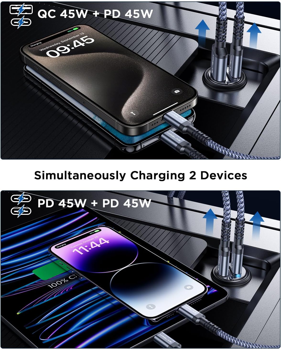 MRGLAS 90W USB C Car Charger,2-Pack Super Mini Metal USB C Car Charger Fast Charging Adapter [PD+QC]&[Dual PD],Cigarette Lighter Compatible with iPhone 15 14 Pro Max iPad Samsun