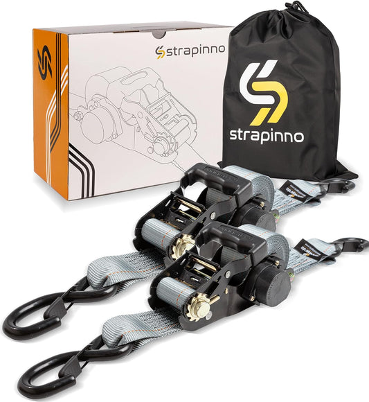 Strapinno Retractable Ratchet Tie-Down Straps,5,000 lbs Breaking Strength- 2 in x 12 ft Heavy Duty Ratchet Strap with Safety Lock S Hooks for Motorcycles, ATVs, UTVs, Lawn Equipment & Cargo (Gray)