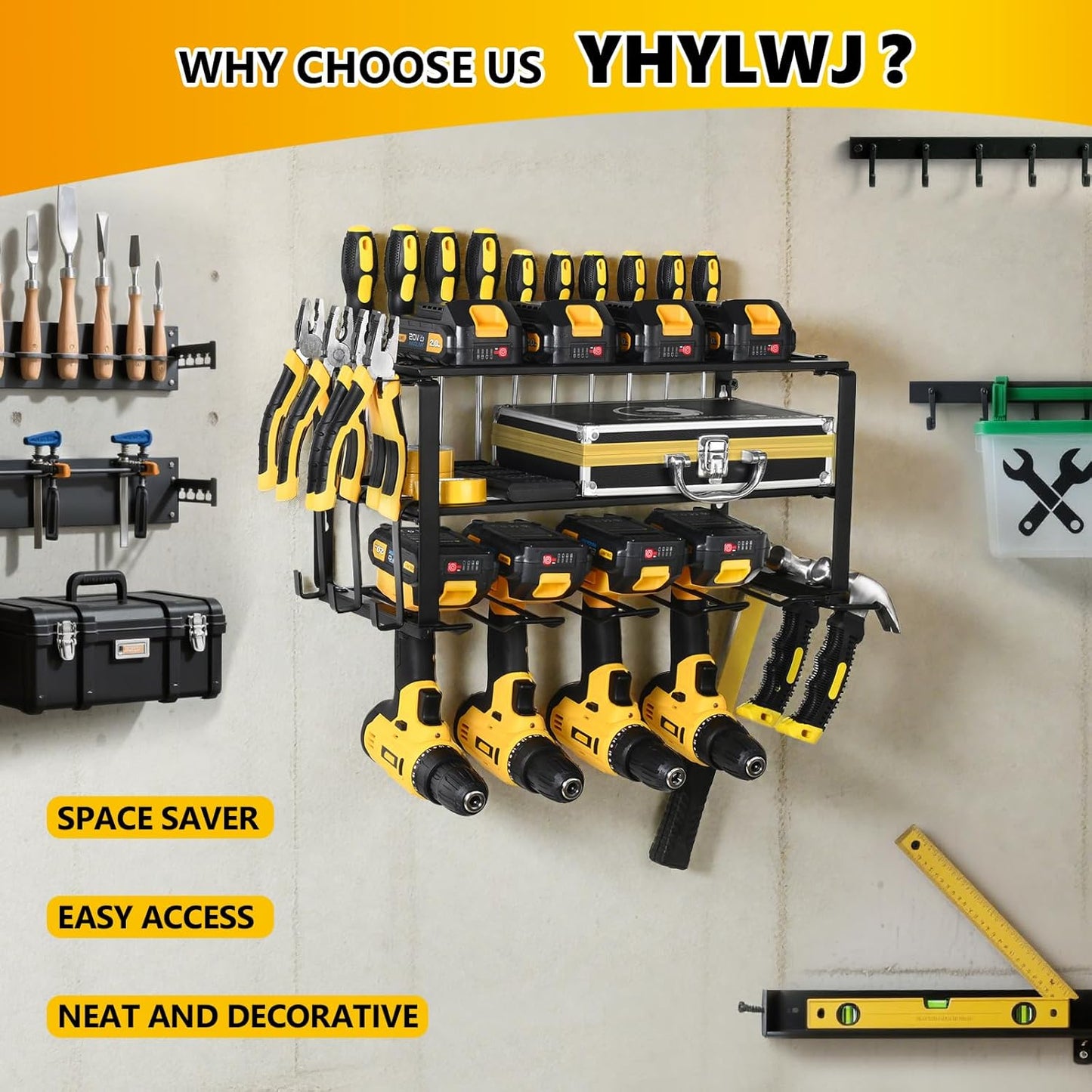 Power Tool Organizer Wall Mount,battery storage rack,Heavy Duty Iron Material, Garage & Workshop Tool Organizer Storage,150Lbs Load 3 Layers Storage Rack with 4 Drill Holders for Drills Cordless Tools