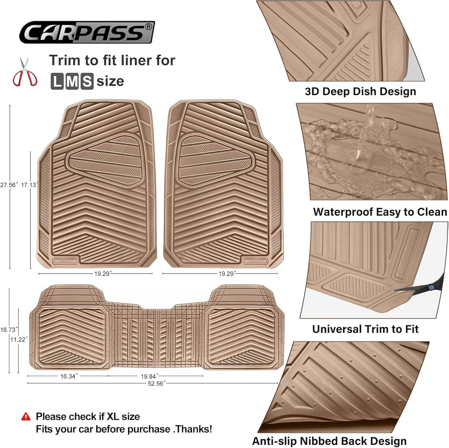 CAR PASS Rubber Car Mats,Car Floor Mats All Weather Car Mat Full Set 3 Piece Tan Waterproof Automotive Floor Mat Trim to Fit for Cars Sedan SUVs Small Trucks Heavy Duty Anti-Slip Easy Clean, All Beige