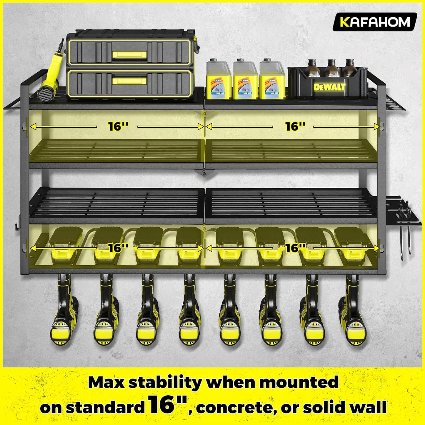KAFAHOM Power Tool Organizer-8 Drill Holder Wall Mount，Tool Organizer and Storage rack for Garage Organization， Heavy Duty Metal Tool Shelf with Air tool/Screwdriver/Hammer/Plier Holder