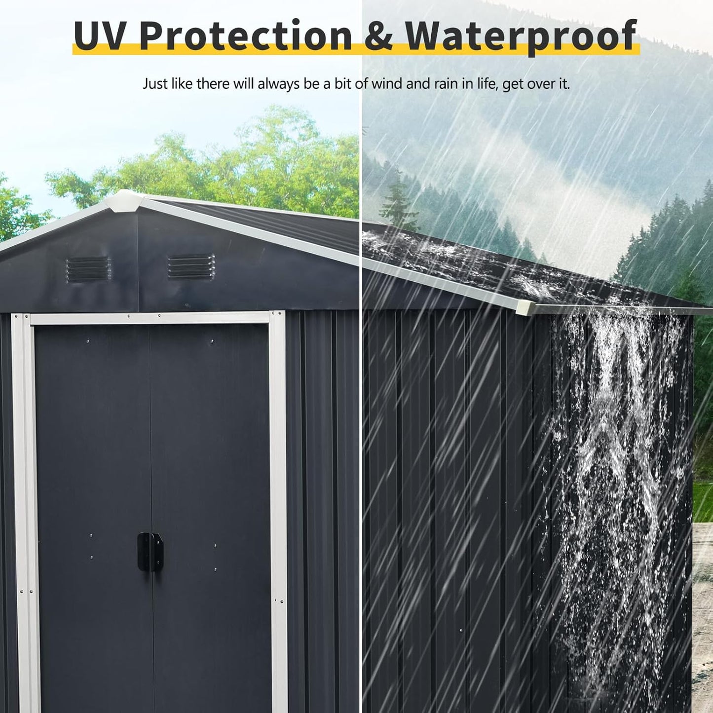 8x4 FT Outdoor Storage Shed,Metal Shed with Floor,Garden Shed W/Air Vent & Lockable Sliding Door,All Weather Waterproof Tool House W/Sloped Roof,for Backyard,Patio,Lawn,Black and White