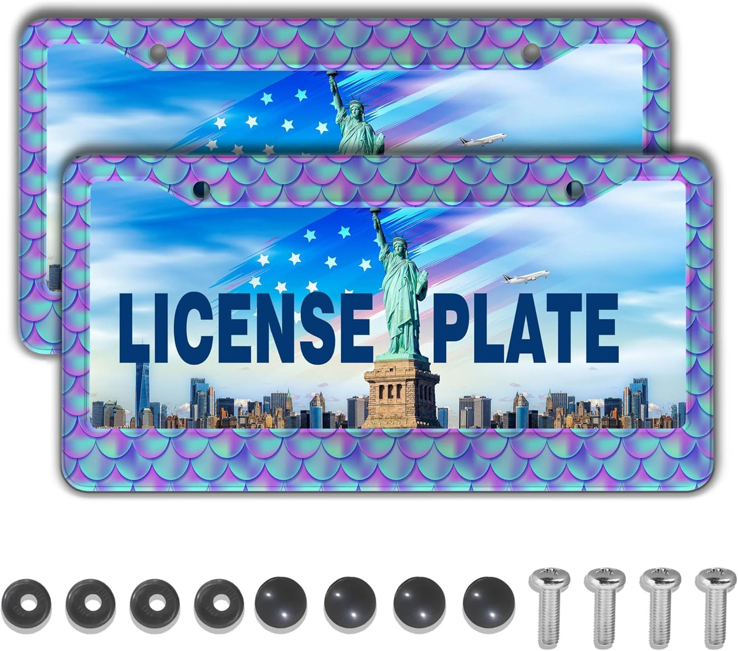 License Plate Frames for Men Purple; License Plate Frame for Women Mermaid Purple Scales Aluminum Metal Car Accessory 2 Pack with Screw Covers Set