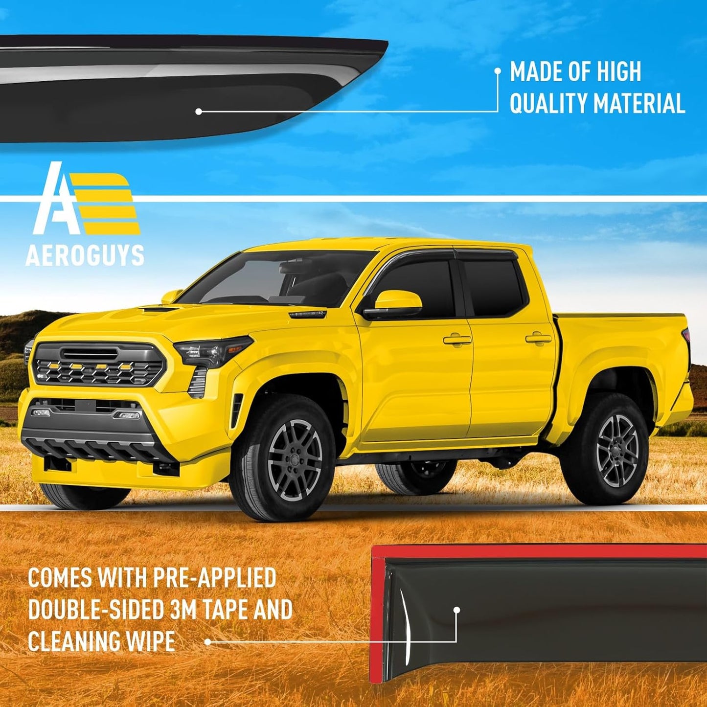 Extra Durable Window Deflectors Tape-On Window Visors Rain Guards Fit for Toyota Tacoma Double Cab 2024-2025, Sun Visors, Wind VentVisors, Window Vent Shades, Exterior Car Accessories - 2 pcs. AG0849