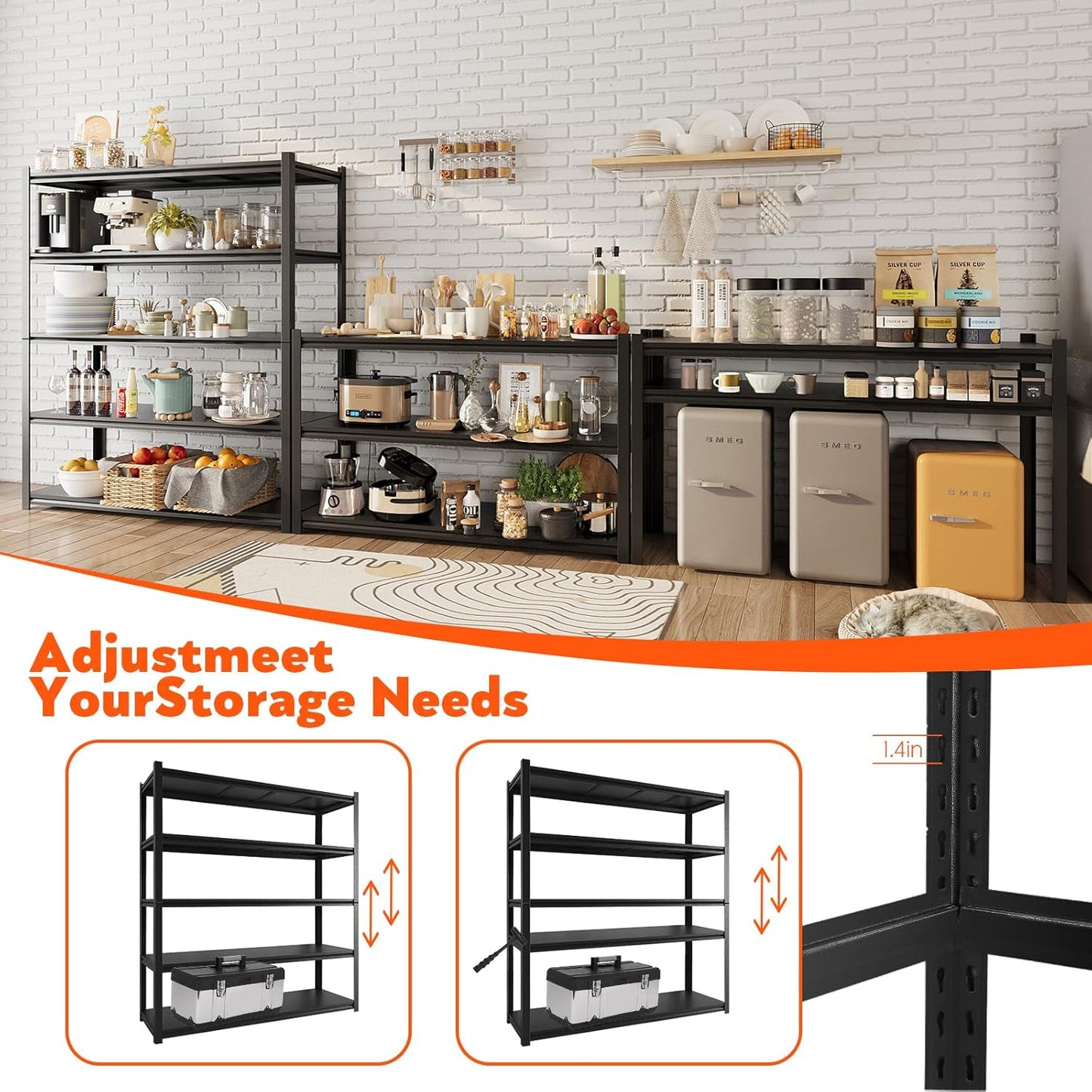 48.2" W Garage Shelving 3000LBS Storage Shelves Heavy Duty Garage Storage Shelves Adjustable 5 Tier Metal Shelves for Storage Industrial Heavy Duty Shelving Utility Shelf 24.2"Dx48.2"Wx 72.2"H