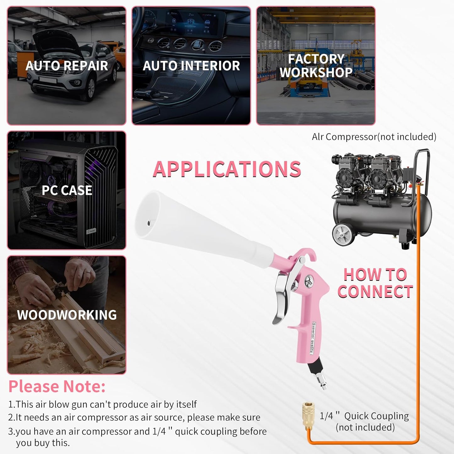 XIAOFENG Tornado Dry Cleaning Gun Detailing Interior Dryer Air Blow Gun with 2 Set Nozzle High Pressure Car Drying Blower Gun for Women Car Quickly Blasts Dirt and Dust from Surface Pink