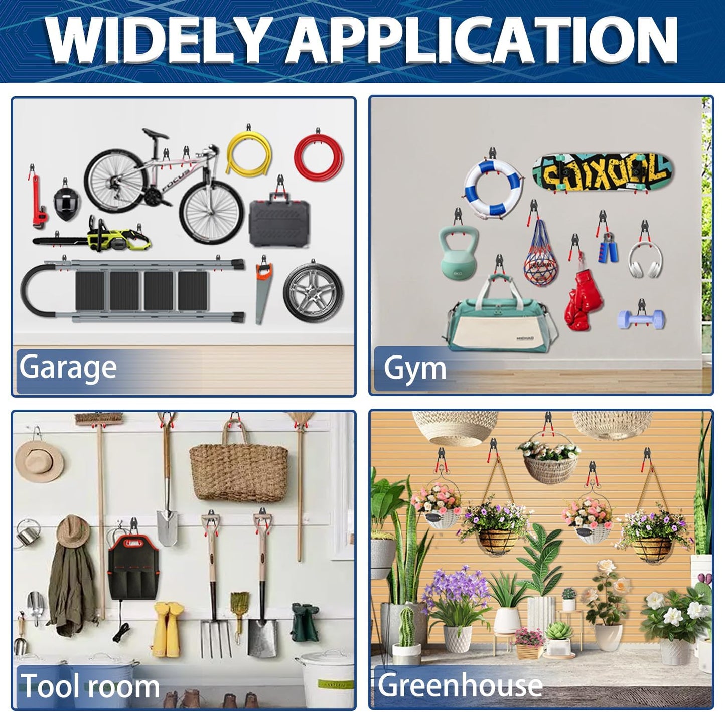 3-H Garage Wall Hooks 31 Pack, Garage Hooks Heavy Duty with Extra Welding Spots, Garage Organizer for Garden, Lawn, Yard Tools, Chairs, Ladders, Weed Eater, Shovel, Blower (Red)