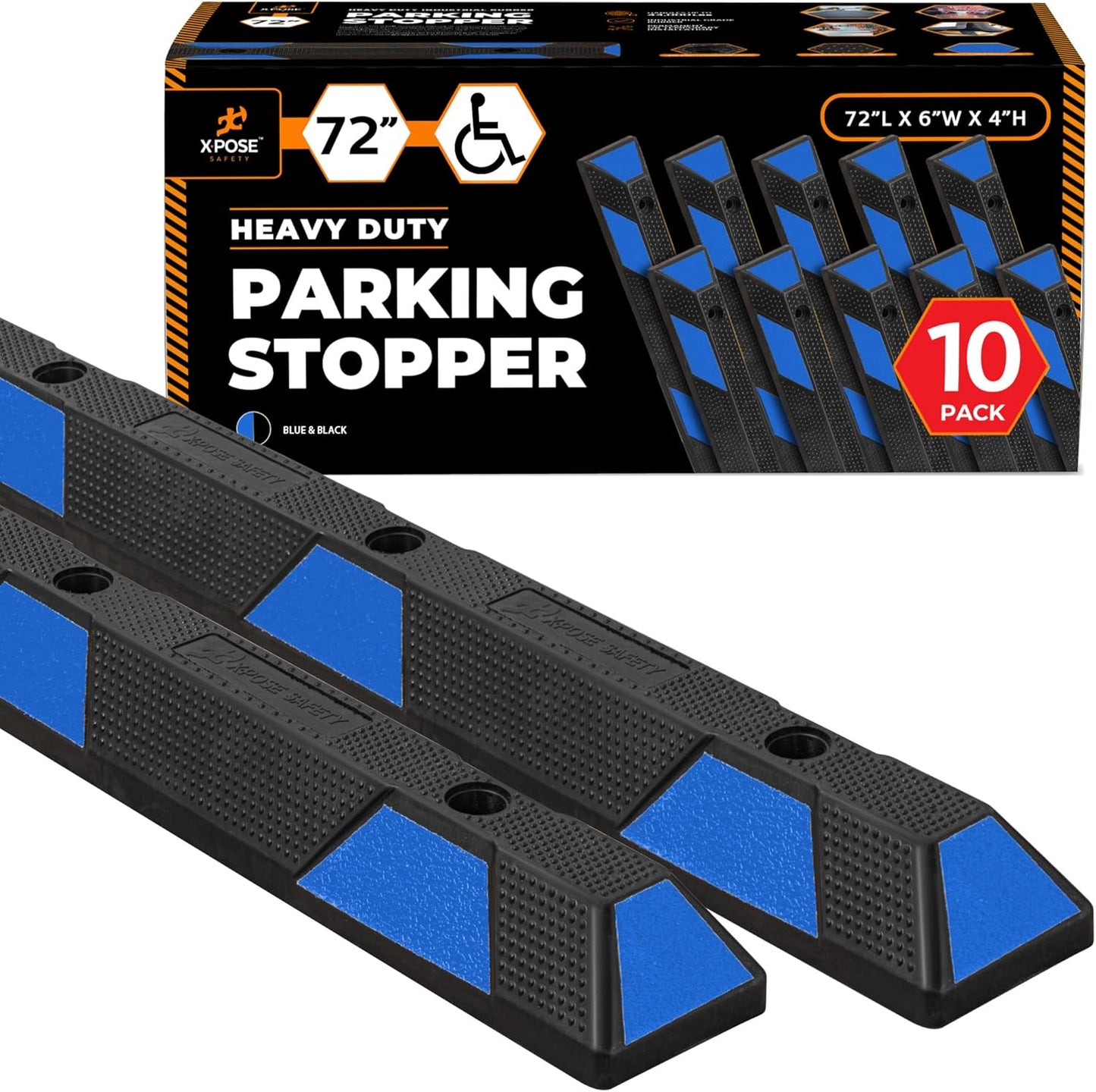 Xpose Safety 72" Heavy Duty Rubber Parking Stopper – 10 Pack Wheel Blocks for Garage, Driveway, or Ramp – Car Bumper Stop with Blue Reflective Strips – Removable Floor Mount