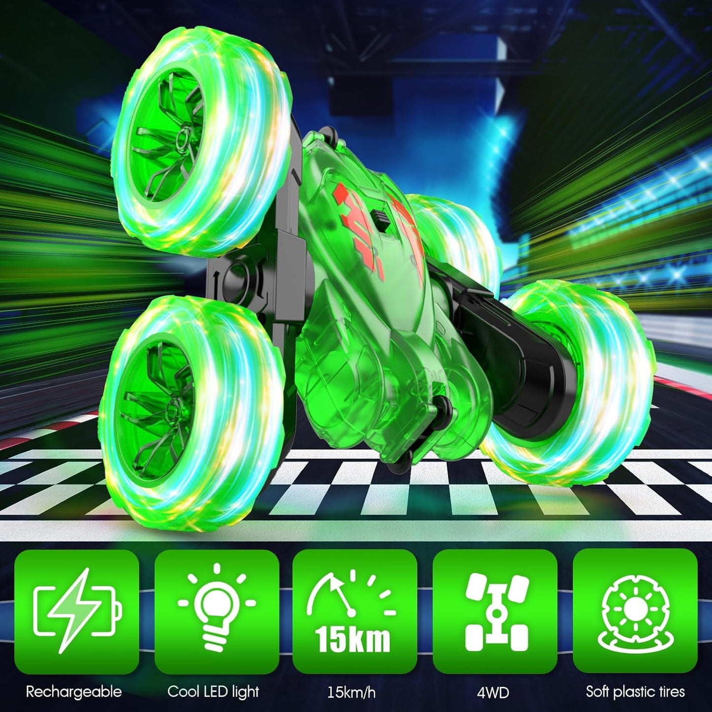 Remote Control Car-Rechargeable Fast Direct Charging RC Cars For Kids with Colorful Light,Double-Sided 360° Rotating RC Stunt Car 4WD RC Truck Car Toys for Ages 5-7 Gift for Boys Girls Aged 8-12 Green