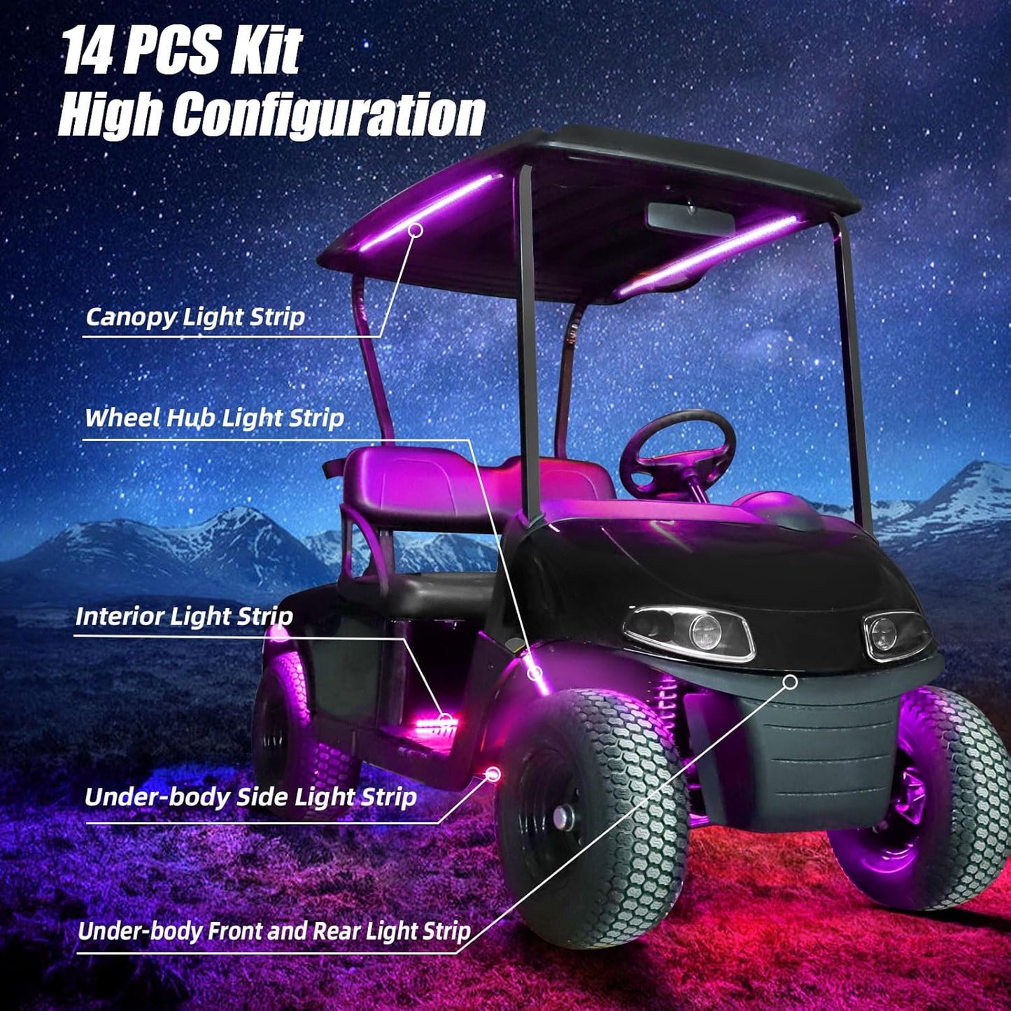 Roykaw Golf Cart Underglow LED Strip Lights Accent Neon Lighting Kit w/Canopy, Wheel Well & Interior Lights for EZGO Yamaha Club Car, Million Colors/Waterproof IP68/Sync to Music, Fits 12V-80V, 14PCS