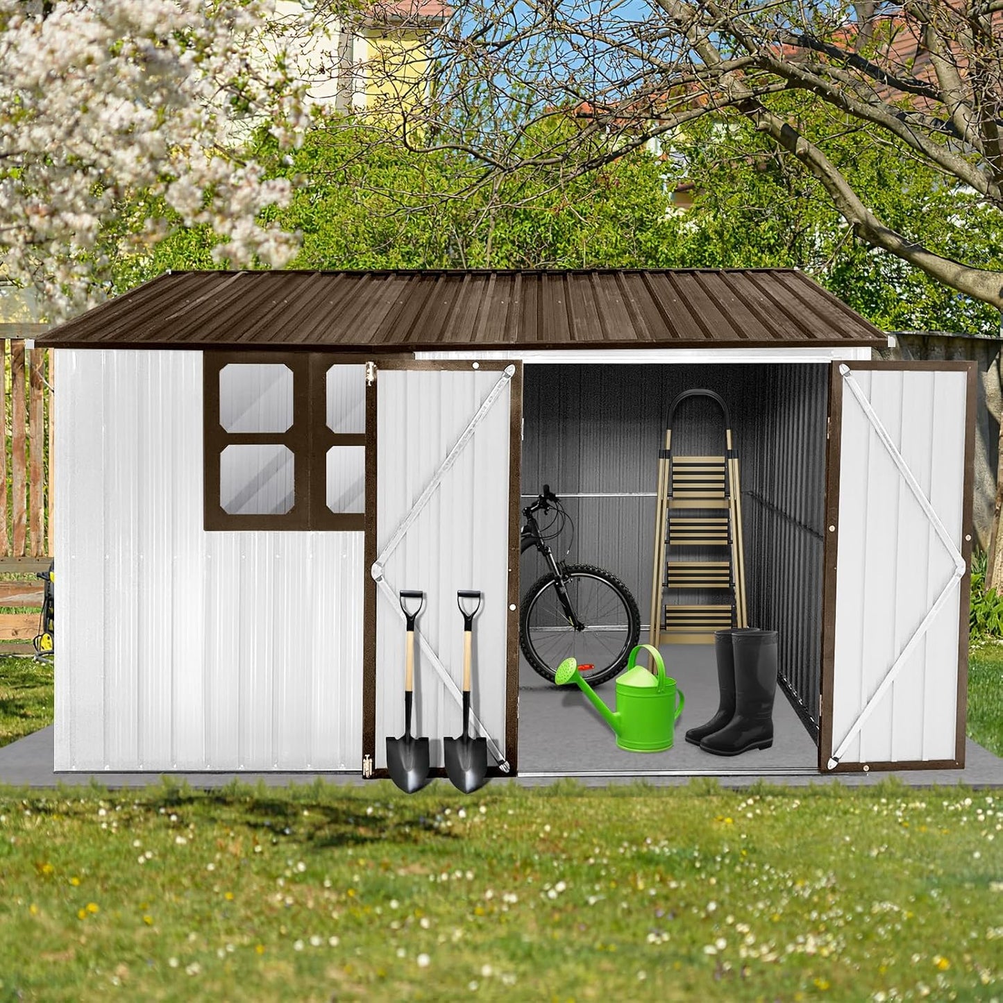 8x10 FT Outdoor Storage Shed, Metal Garden Shed with 4-pane Window, Outside Tool Shed with Lockable Hinged Doors & 4 Air Vents, Waterproof Storage Building for Backyard, Patio, Lawn, White+Coffee