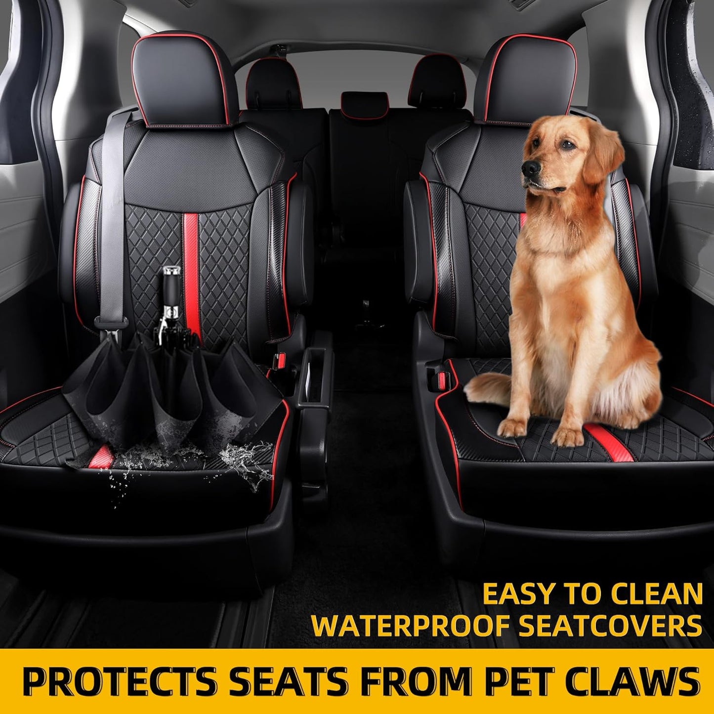 Custom Fit Sienna Seat Covers for Toyota Sienna LE,XLE 2021-2025 3-Row Accessories Full Coverage Waterproof Leather Car Seat Covers Full Set (Black with red, 7-Seat)