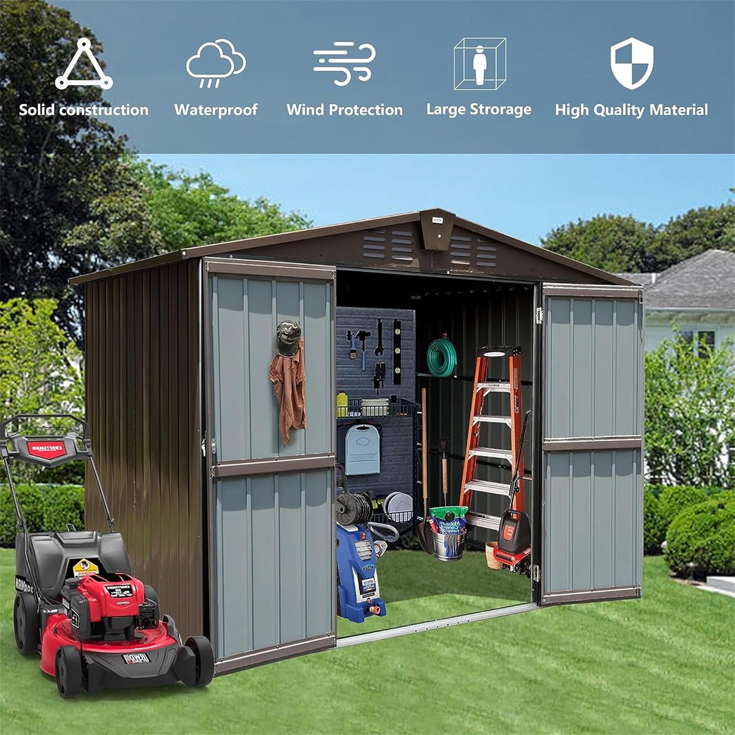 IKERY Metal Storage Shed 8.2' x 6.2' with Double Lockable Doors & Air Vents - Utility Tool Shed for Backyard, Patio, Garden - Brown