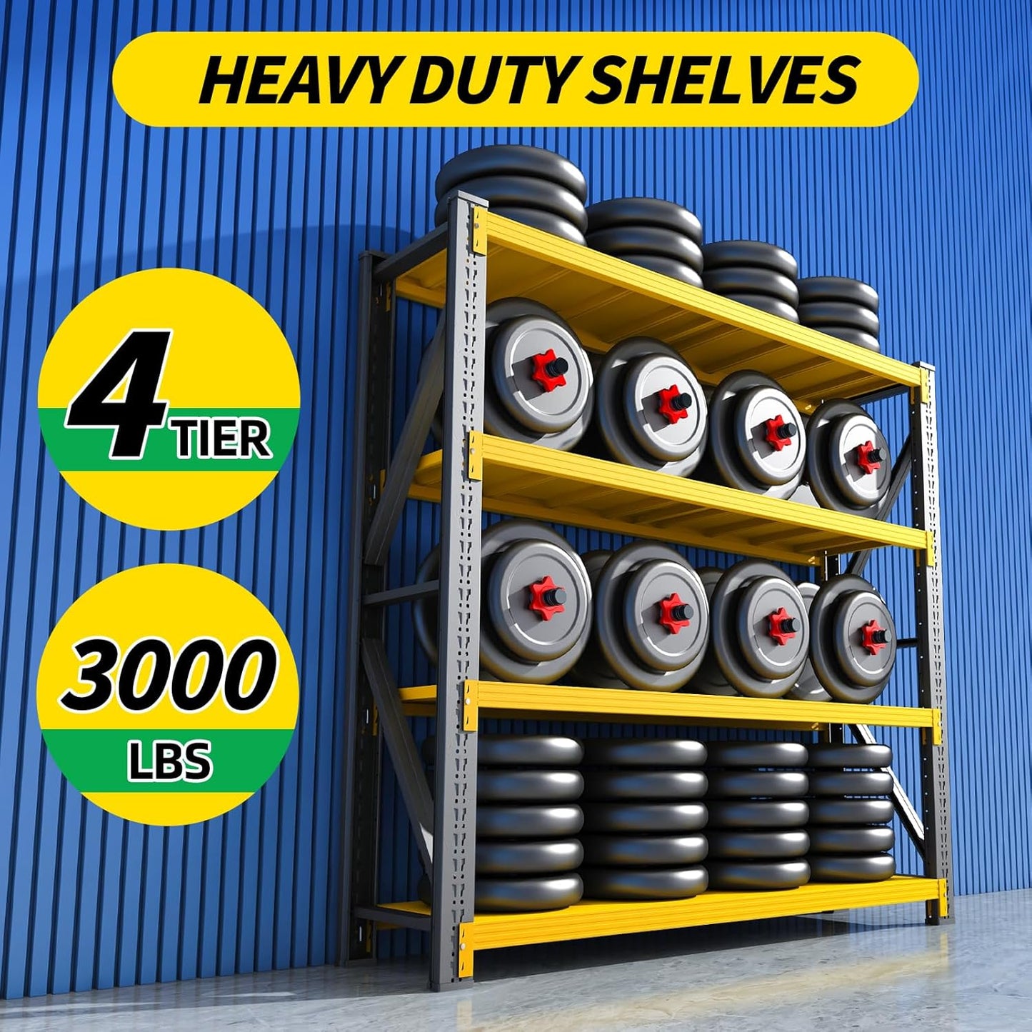 3000LBS Heavy Duty Storage Shelves,63''H Metal Garage Shelving, 4-Tier Adjustable Garage Organization Shelving Units, Industrial Shelving for Warehouse,Workshop- Black & Yellow