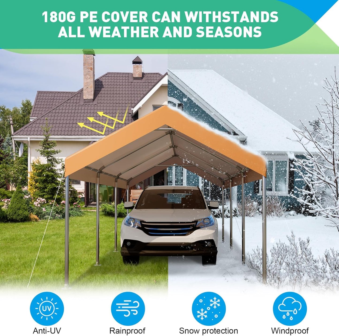 10X20 Ft Heavy Duty Carport Canopy, Portable Garage, Car Tents, Easy to Assemble, Reinforced Structure, with Hanging Edge, Applicable to Car, Bike, Boat, Party (Yellow)