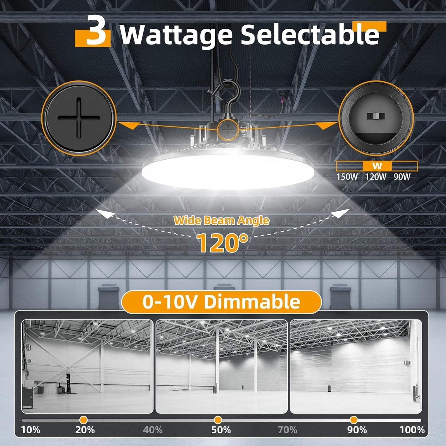 6 Pack 480V LED High Bay Light UL DLC Listed UFO Light 150W 100W 80W Adjustable, Dimmable High Bay LED Shop Lights 5000K Daylight, IP65 Commercial Bay Lighting for Warehouse Factory