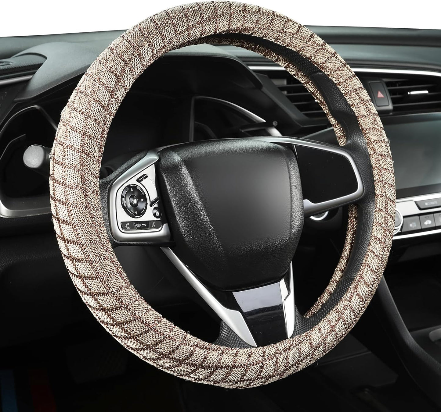Auto Newer Breathable Steering Wheel Cover Suitable For Four Seasons，Anti-Slip Design，Odorless，Easy Carry Unviersal Fit for Truck SUV Sedans Vans，Interior Accessories Standard Size[14" 1/2-15"]（Beige）