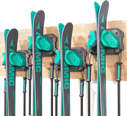 Ski & Snowboard Wall Rack for Garage Wall Fits Any Ski/board, Ski Wall Mount Holders Damage-Free Storage Rack, Garage Organization Space-Saving Winter Gear Organizer, Green, 4 Pack