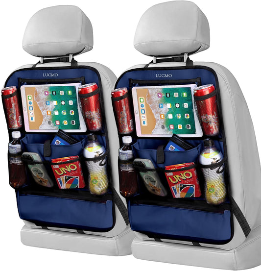 LUCMO Car Backseat Organizer with Touch Screen Tablet Holder-2 Pcs,9 Storage Pockets Car Storage Organizer Protectors Kick Mats Travel Accessories for Kids-Dark Blue