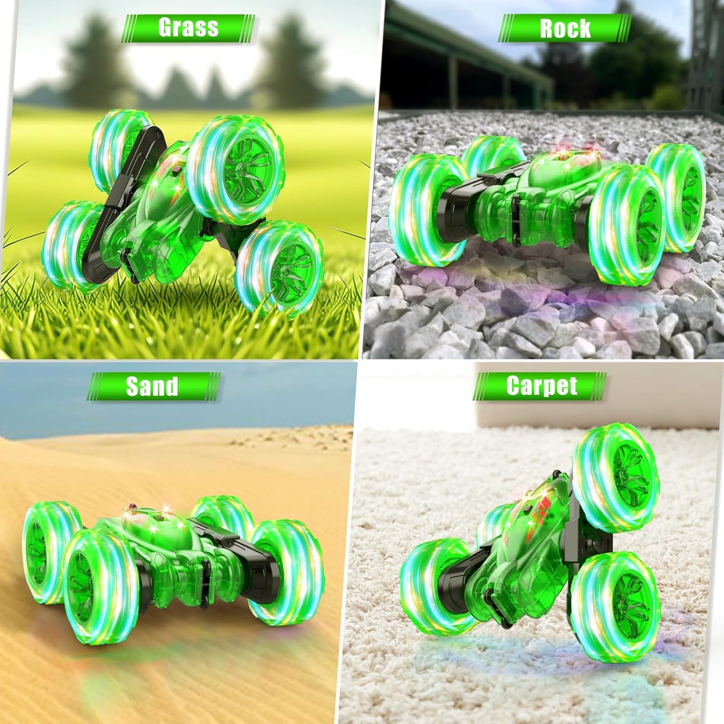 Remote Control Car-Rechargeable Fast Direct Charging RC Cars For Kids with Colorful Light,Double-Sided 360° Rotating RC Stunt Car 4WD RC Truck Car Toys for Ages 5-7 Gift for Boys Girls Aged 8-12 Green