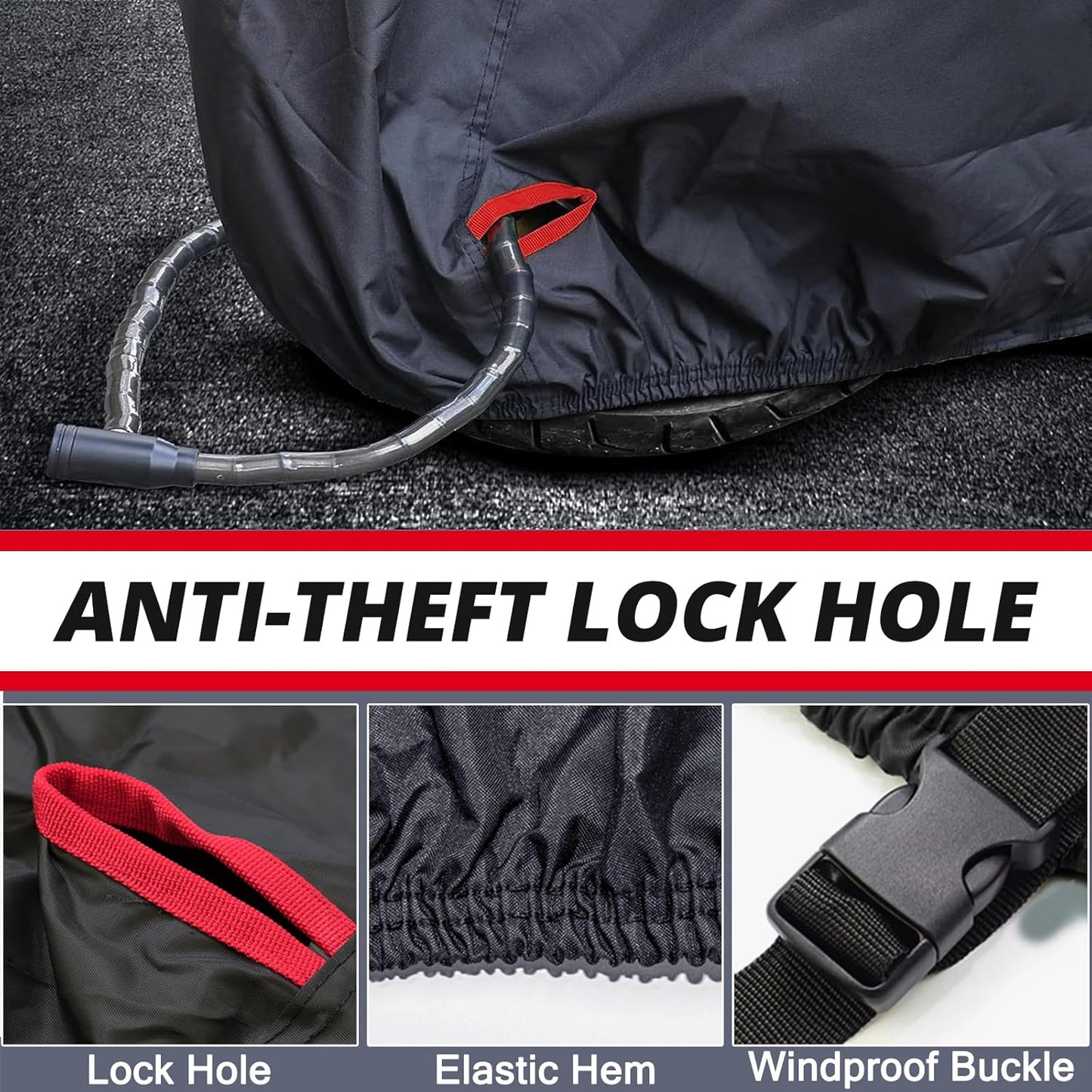 Motorcycle Cover,Waterproof Zipper Outdoor Cover for All Seasons Windproof, High Heat Resistance Dustproof and Rainproof Snowproof(Red Zipper L Fits Up to 91 inch)