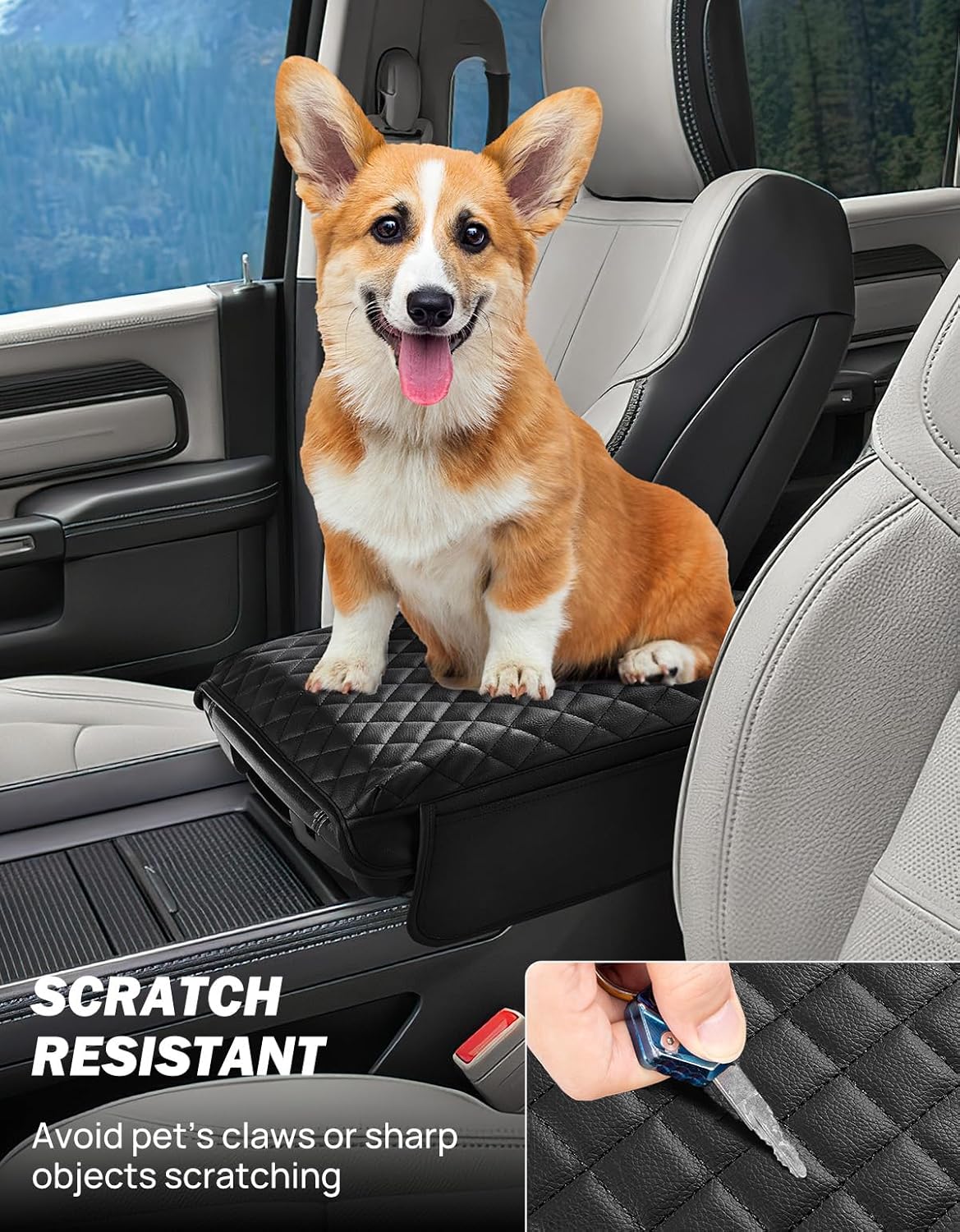 JOYTUTUS Center Console Cover for Ram 1500, 2500, 3500 (2019-2025) - Leather Arm Rest Cover with 2 Pocket