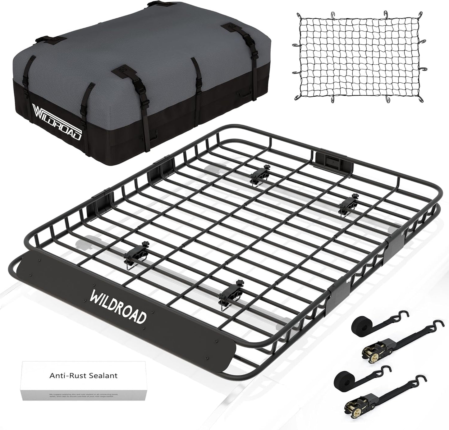 Wildroad Roof Rack Cargo Basket, Upgraded 4” Fence Wide Car Roof Basket Combo, 64"x 50"x 4" Universal Roof Cargo Carrier Basket with Cargo Bag, Cargo Net and Ratchet Straps Fits for SUV Truck Cars