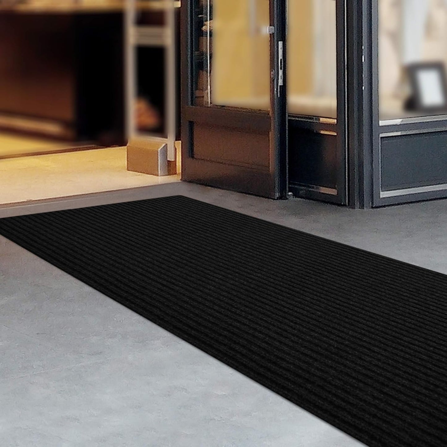 iCustomRug Spartan Weather Warrior Indoor/Outdoor Utility Ribbed Carpet Runner with Non-Slip Thermoplastic Rubber Backing, 3ft X 34ft in Black